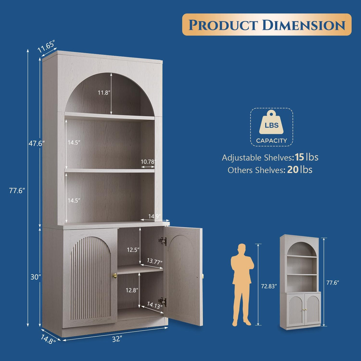 77.6" Tall Arched Bookshelf, Wood Bookcase w/Fluted Arched Door, Light Grey