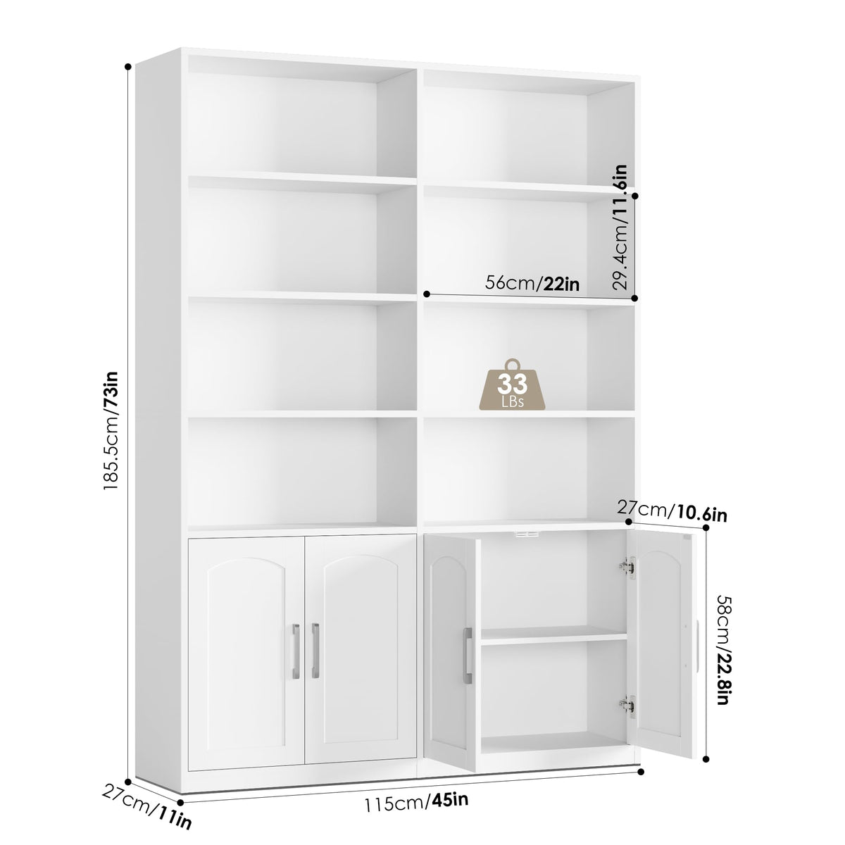 FACBOTALL Bookshelf and Bookcase with Doors, Double Wide Large Bookshelves