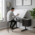Drafting Table with Storage, Adjustable Art Desk & Art Table with Stool, 0-75Â° Tilting Top, 3 Drawers for Diamond Painting, Architecture, Animation, Office (Adults & Teens) (White)