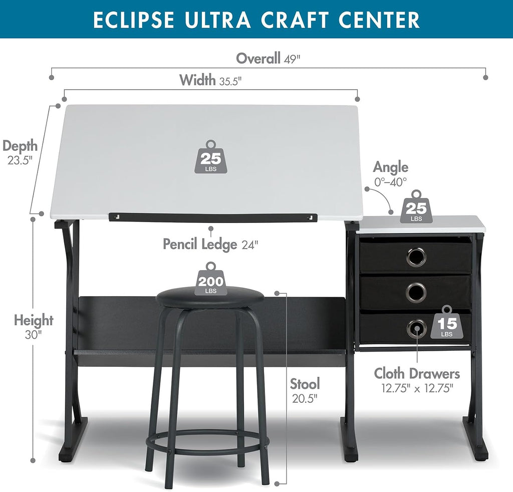 2 Piece Eclipse Ultra Center/Drawing Table with Stool, Angle Adjustable Top, Storage Shelves, and Drawers
