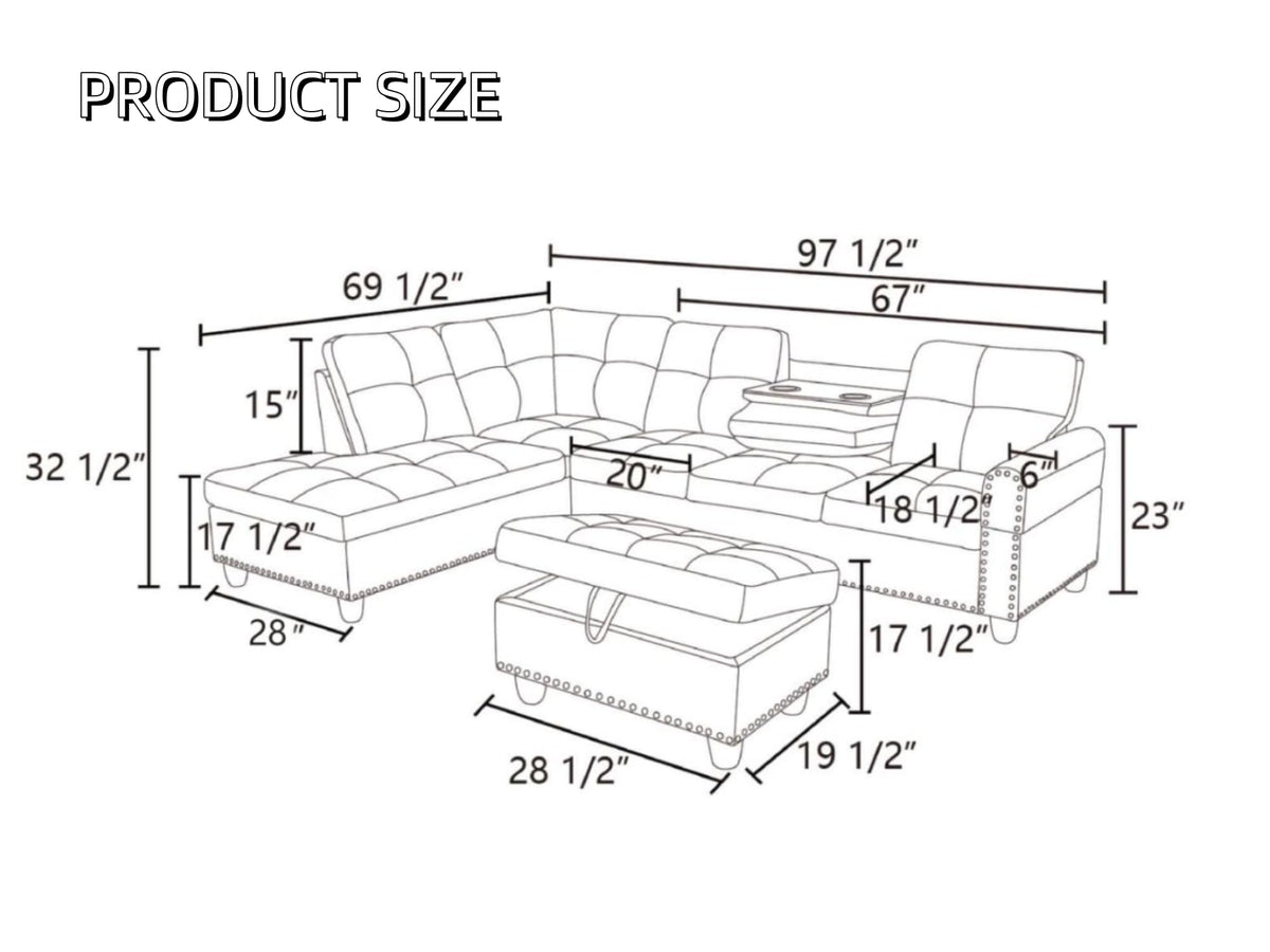 97.5" L-Shaped Modular Sectional Sofa with Movable Chaise & Storage Ottoman, 3 Piece Convertible Leather Couch, 4 Seat Gloss Black Living Room Furniture Set for Apartment Home Office