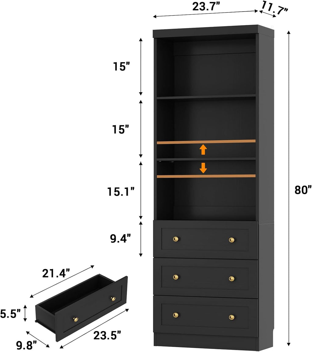 Cyclysio 80" Bookshelf with 3 Drawers and Baseboard Cutout, Set of 2