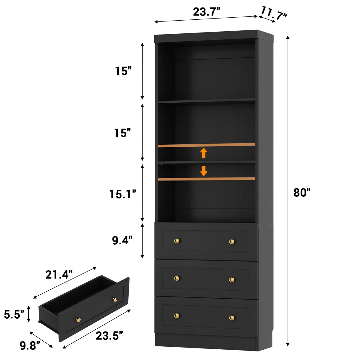 Cyclysio 80" Bookshelf with 3 Drawers and Baseboard Cutout, Set of 2