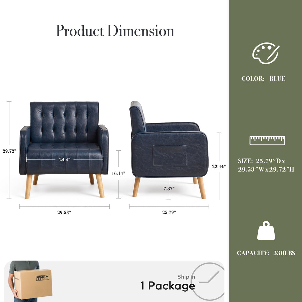 Leather Accent Chair Set of 2, Living Room Chair with Wooden Legs (Black)