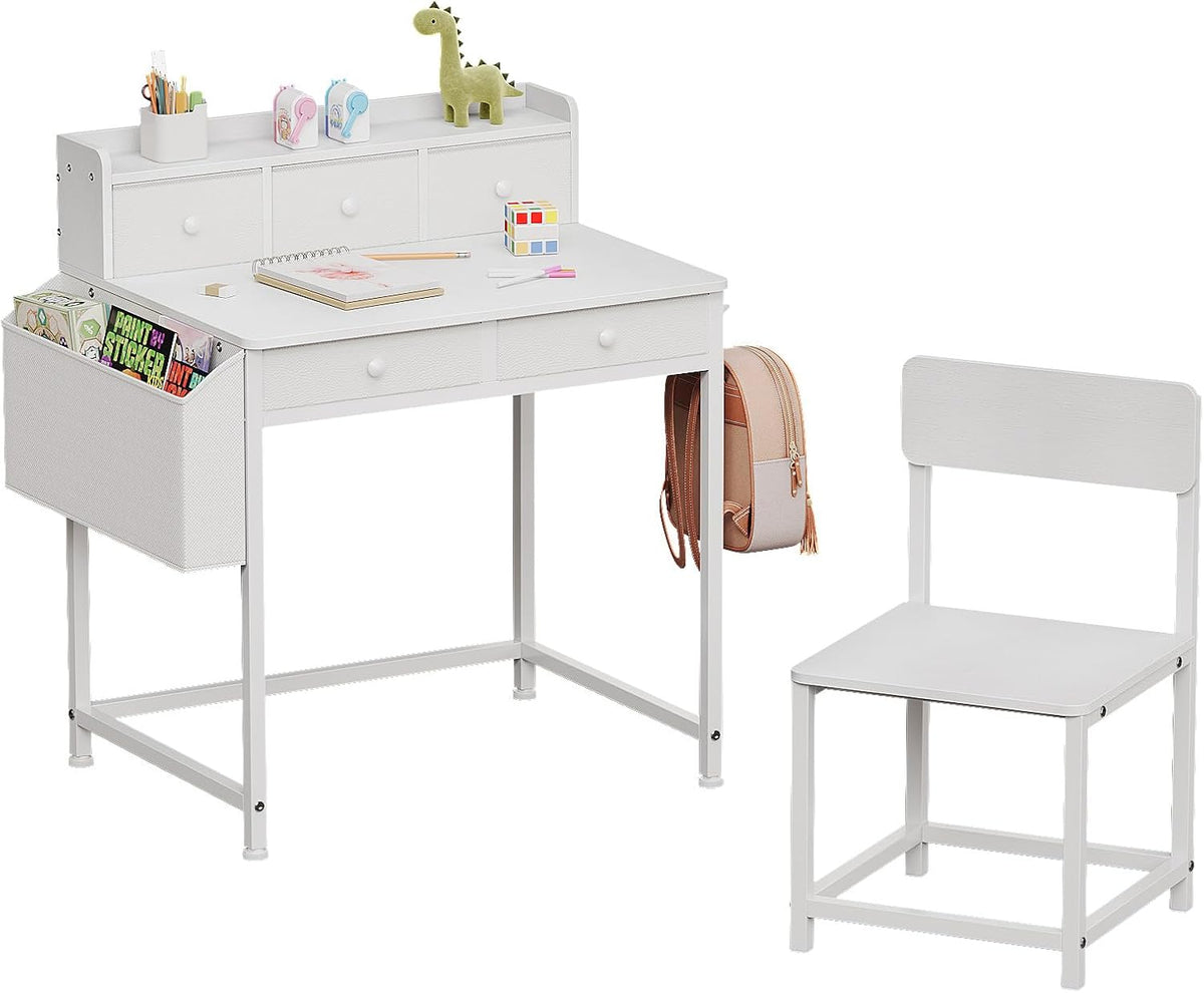 Kids Desk and Chair Set with 5 Fabrics Drawers, Ages 5-8, White