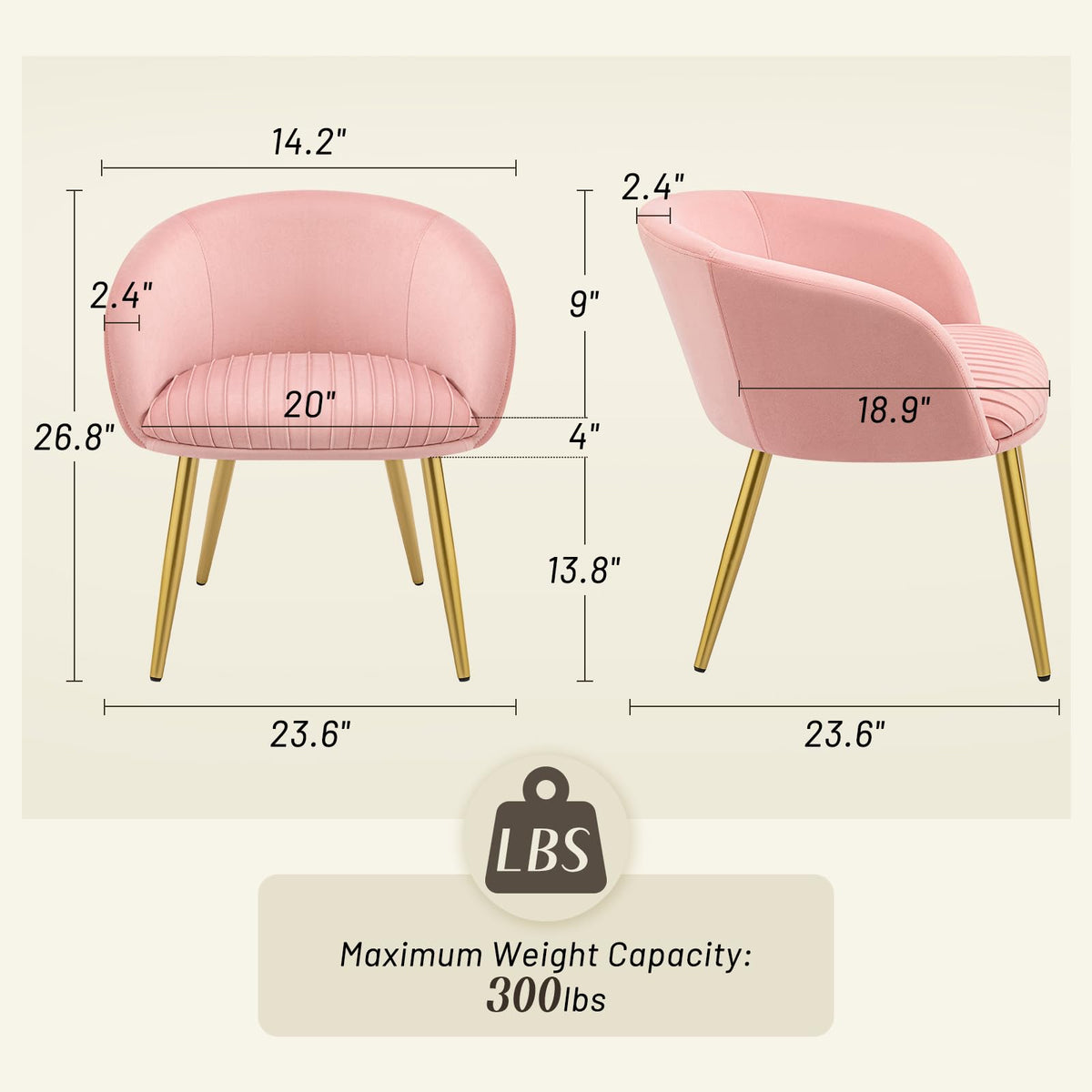 Accent Velvet Makeup Vanity Chairs Set of 2 Boucle Modern Tufted Girls Desk Chair No Wheels with Gold Metal Legs, 20" Extra Wide Armchair for Bedroom Bathroom Dining Room Living Room, Cream Beige
