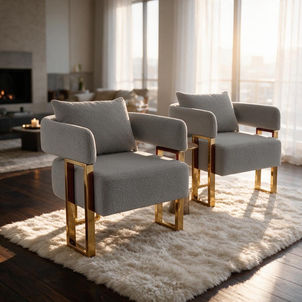YISHENG Modern Barrel Accent Chairs Set of 2, Living Room Side Chairs with Golden Metal Legs Soft Upholstered Reading Armchairs no Wheels for Vanity/Reception Room//Bedroom/Lounge/Office,Black Teddy