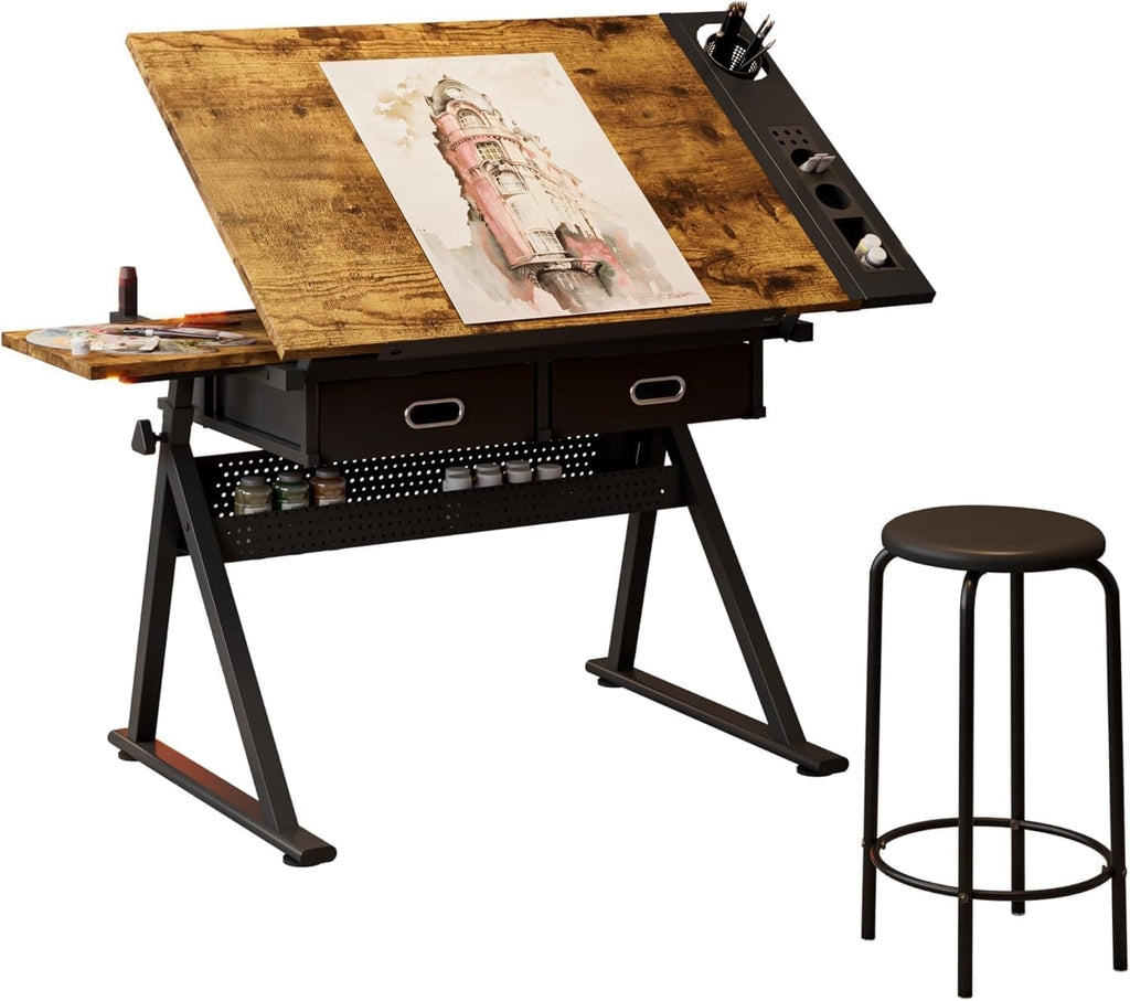 Height Adjustable Drafting Table with Stool, 0-75Â° Tilting Drawing Desk Artist Desk with 2 Storage Drawers, Watercolor Art Workstation for Home Office Drawing, Painting, Crafting, Writing, Sketching