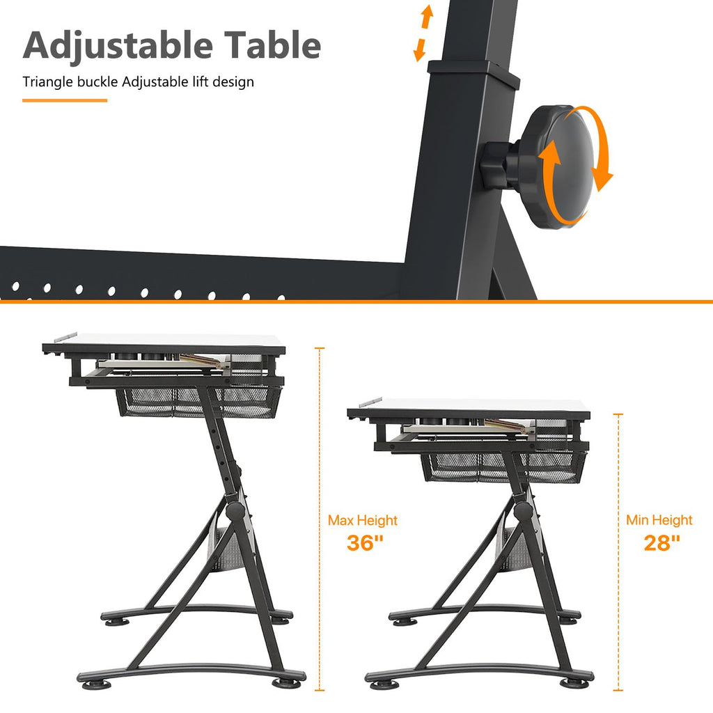OS MOTOR Adjustable Height Drafting Table with Wood Top, Art Craft Desk with Slide-Out Drawers, Storage, for Drawing, Writing, Painting, and Creative Tasks, Ideal for Home Office, Natural