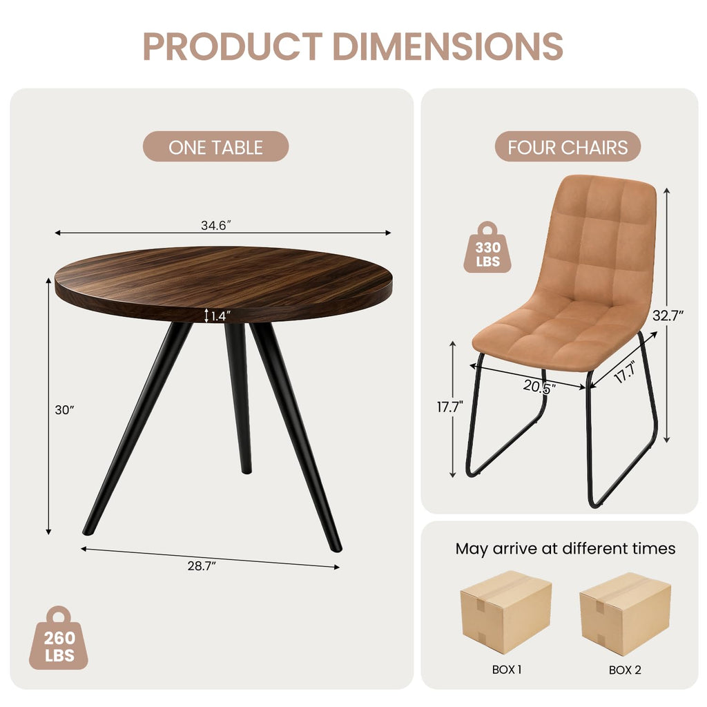 34.6" Round Dining Table Set for 4, Modern Kitchen Coffee Table Set, Walnut