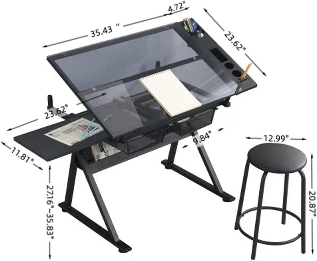 Drafting Table with Storage and Stool, Glass Art Desk for Adults Adjustable Height with 2 Metal Drawers, Craft Drawing Table Artist Desk with Extra Desktop for Reading/Writing/Studying (Black)