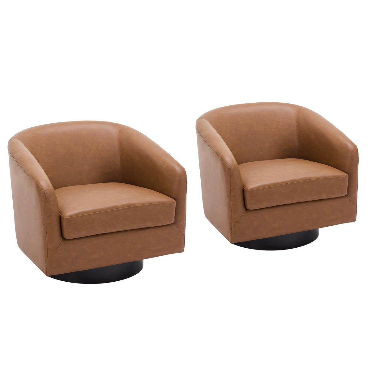 Faux Leather Swivel Accent Chairs Set of 2, Barrel Armchair, Brown