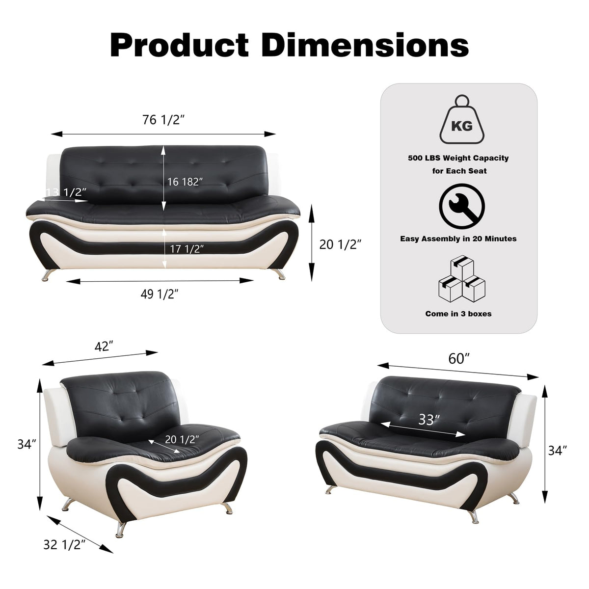 Modern Leather Sofa Set, Living Room Furniture, 3 - Piece Couch Set, Faux Leather Couch Loveseat Chair Set with Sturdy Legs for Living Room/Bedroom/Office,Black