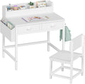 BOLUO White Kids Desk and Chair Set for 5-8 Year Old, Small Child Desk with Fabric Drawer, Children Study Table with Storage Toddler Girls Boys