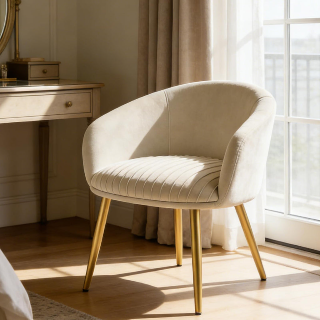Accent Velvet Makeup Vanity Chairs Set of 2 Boucle Modern Tufted Girls Desk Chair No Wheels with Gold Metal Legs, 20" Extra Wide Armchair for Bedroom Bathroom Dining Room Living Room, Cream Beige