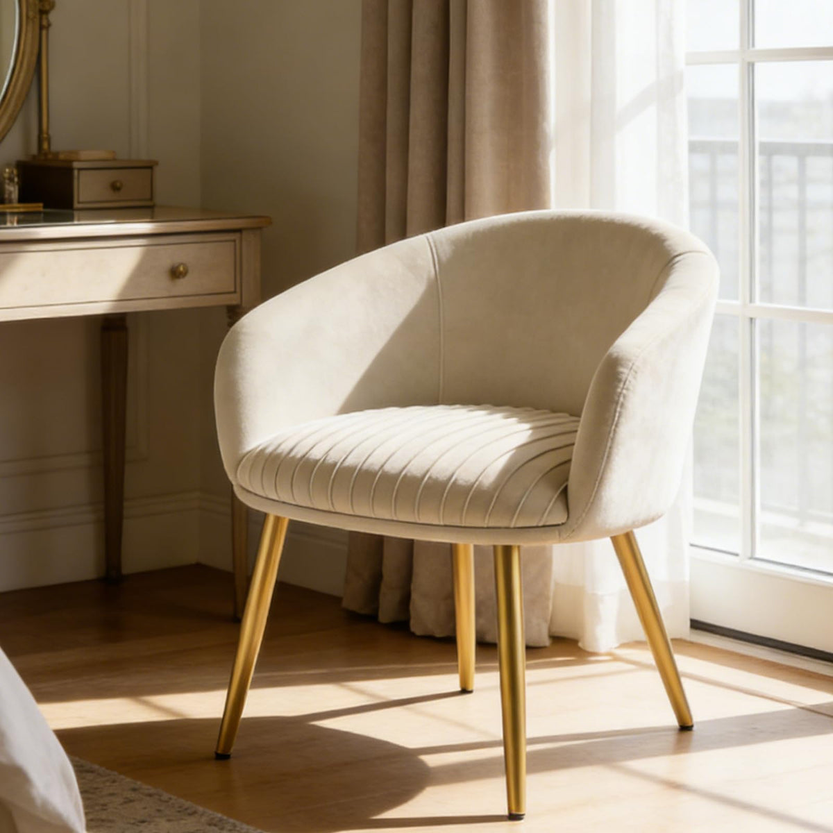 Accent Velvet Makeup Vanity Chairs Set of 2 Boucle Modern Tufted Girls Desk Chair No Wheels with Gold Metal Legs, 20" Extra Wide Armchair for Bedroom Bathroom Dining Room Living Room, Cream Beige