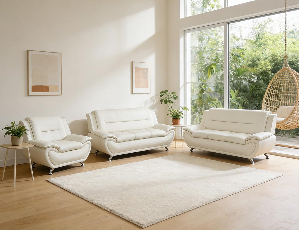 Leather Sectional Sofa Couches, Living Room Sofa and Loveseat Set, Faux Leather Couch and Loveseat Set for Office/Bedroom/Apartment, Cream