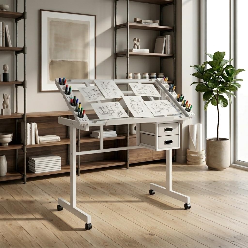 Height Adjustable Drafting Art Table for Adults, White Tempered Glass Drafting Drawing Printing Table Desk with Stool, 0-75Â° Tilting Tabletop Art Drawing Table for Drawing,Hand Crank