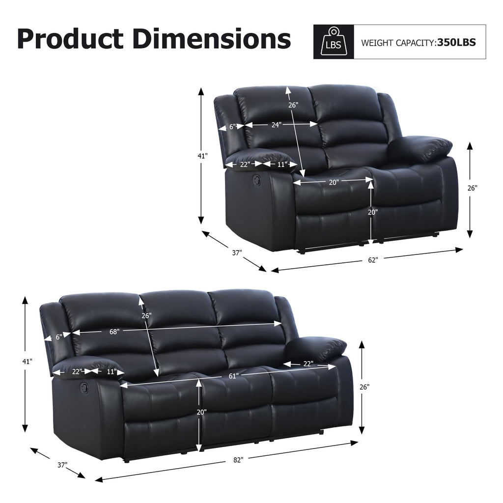 EBELLO Manual Faux Leather Reclining Couch Set for Living Room, Include 1 Recliner Chair, 1 Loveseat Sofa, Recliner Sofa Furniture Set for Home and Office, Black