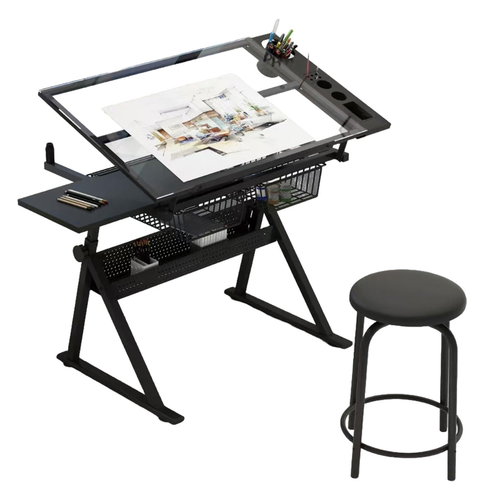 Drafting Table and Stool Set for Adults/Artists, Drawing Table with Adjustable Tabletop and Height, Art Workstation for Painters Crafting Reading Writing Home Office, All White