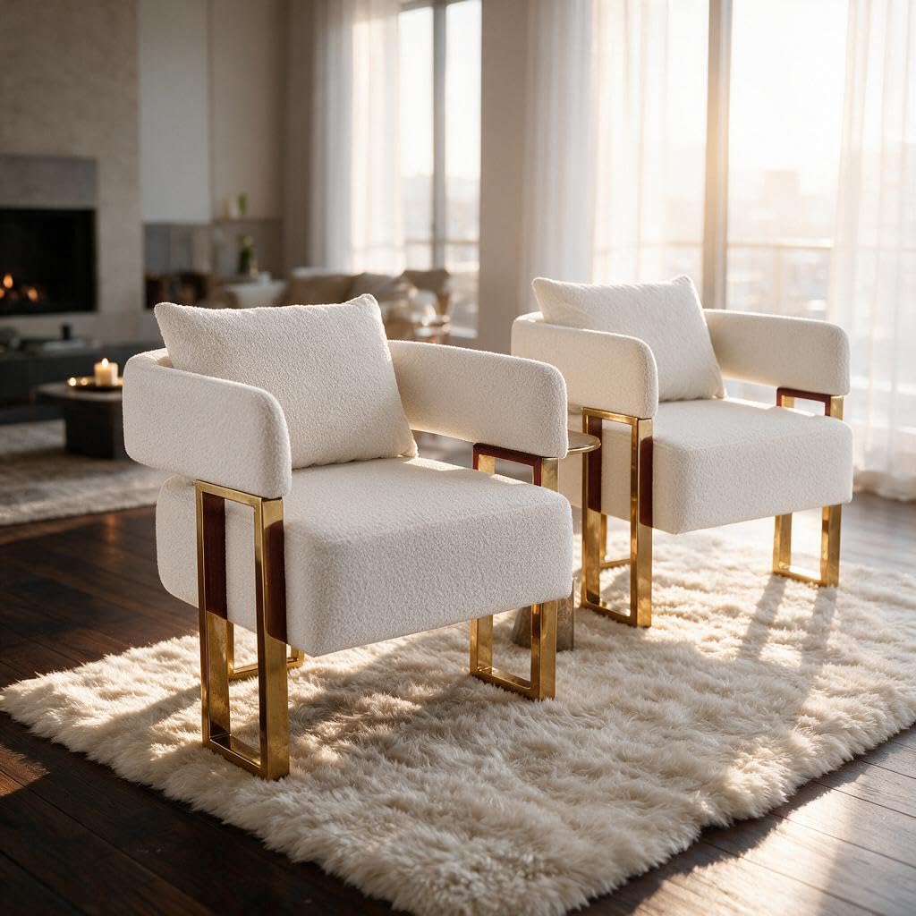 YISHENG Modern Barrel Accent Chairs Set of 2, Living Room Side Chairs with Golden Metal Legs Soft Upholstered Reading Armchairs no Wheels for Vanity/Reception Room//Bedroom/Lounge/Office,Black Teddy