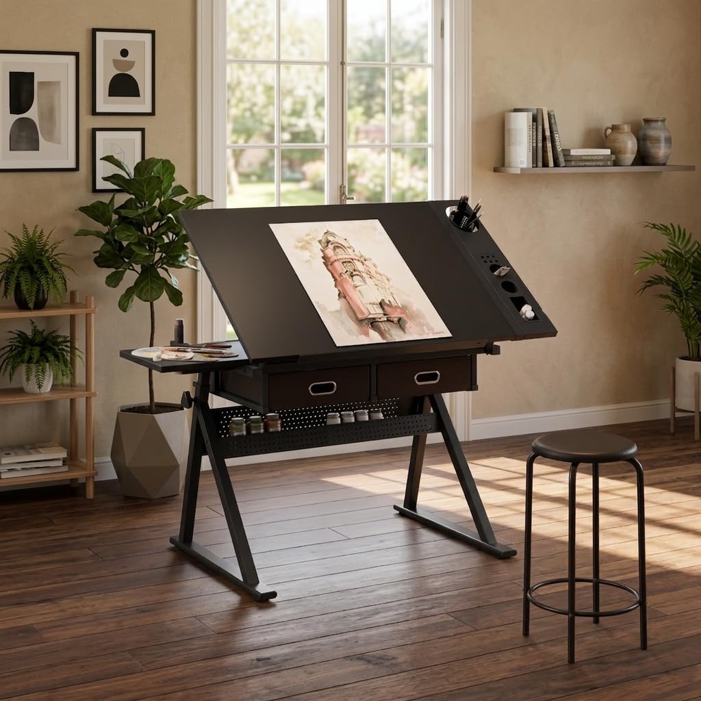 Drafting Table with Stool Height Adjustable Art Craft Desk with Storage, Tilting MDF Tabletop, Expansion Board, Drawing Table for Home Office, Artists, Painters (Rustic Brown)