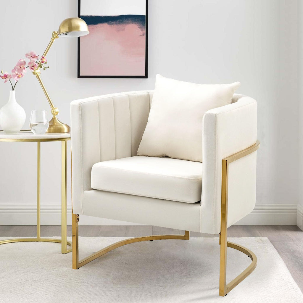 Velvet Accent Barrel Chairs Set of 2, Modern Arm Club Chair Set with Pillow for Living Room/Bedroom/Guest Reception, Channel Tufted, Gold Finish Base, Orange
