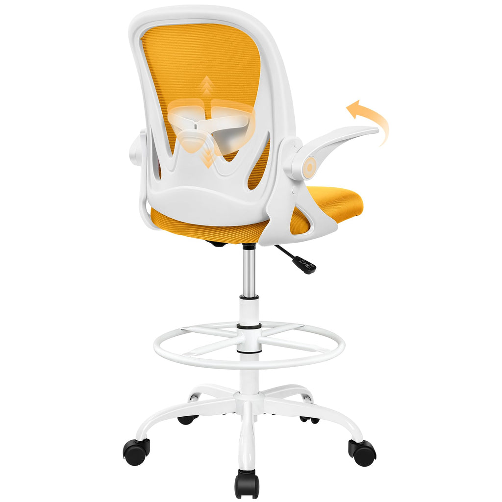 Drafting Chair Tall Office Chair with Flip-up Armrests, Adjustable Height, and Enhanced Lumbar Support - Ergonomic Rolling Stool, Back Support, and Adjustable Foot Rest Ring for Standing Desk White