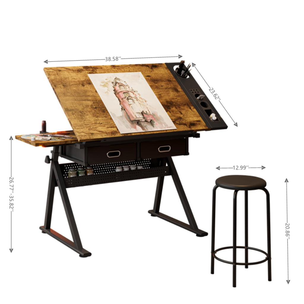 Drafting Table, Drawing Desk for Artists Adults Architect, Art Desk with Stool and 3 Non-Woven Storage Drawers, Height Adjustable Tilted Tabletop, Painting Studio Design Work Station, Rustic Brown