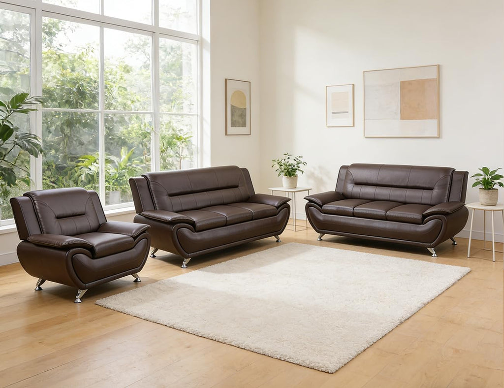 Leather Sectional Sofa Couches, Living Room Sofa and Loveseat Set, Faux Leather Couch and Loveseat Set for Office/Bedroom/Apartment, Cream