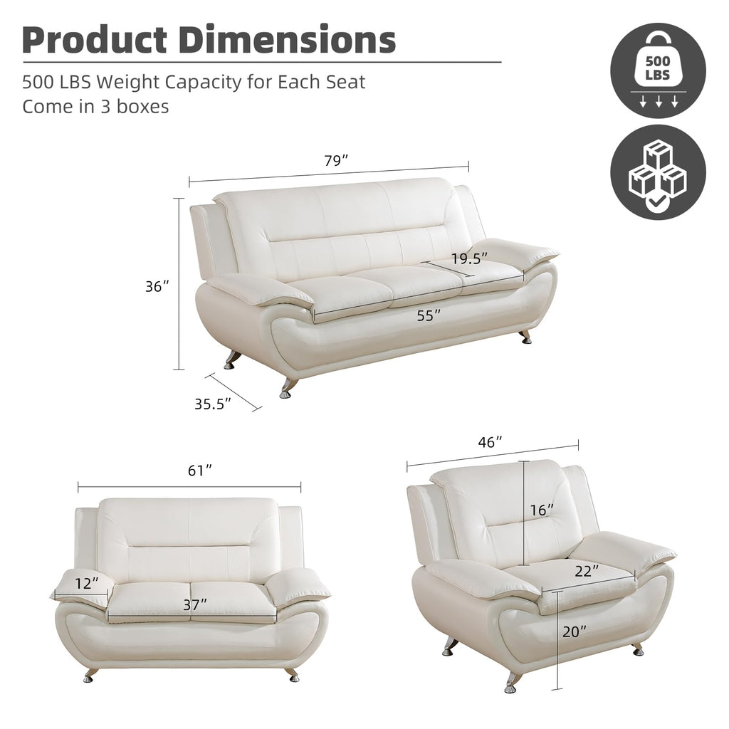 Modern Leather Sofa Set, Living Room Furniture, 3 - Piece Couch Set, Faux Leather Couch Loveseat Chair Set with Sturdy Legs for Living Room/Bedroom/Office,Black