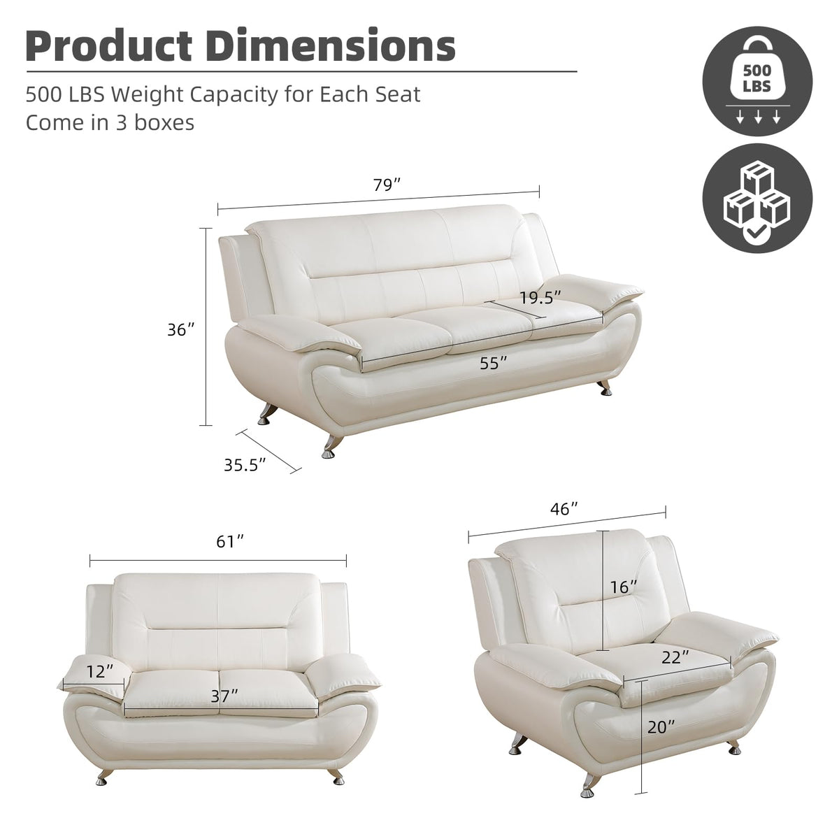 Modern Leather Sofa Set, Living Room Furniture, 3 - Piece Couch Set, Faux Leather Couch Loveseat Chair Set with Sturdy Legs for Living Room/Bedroom/Office,Black