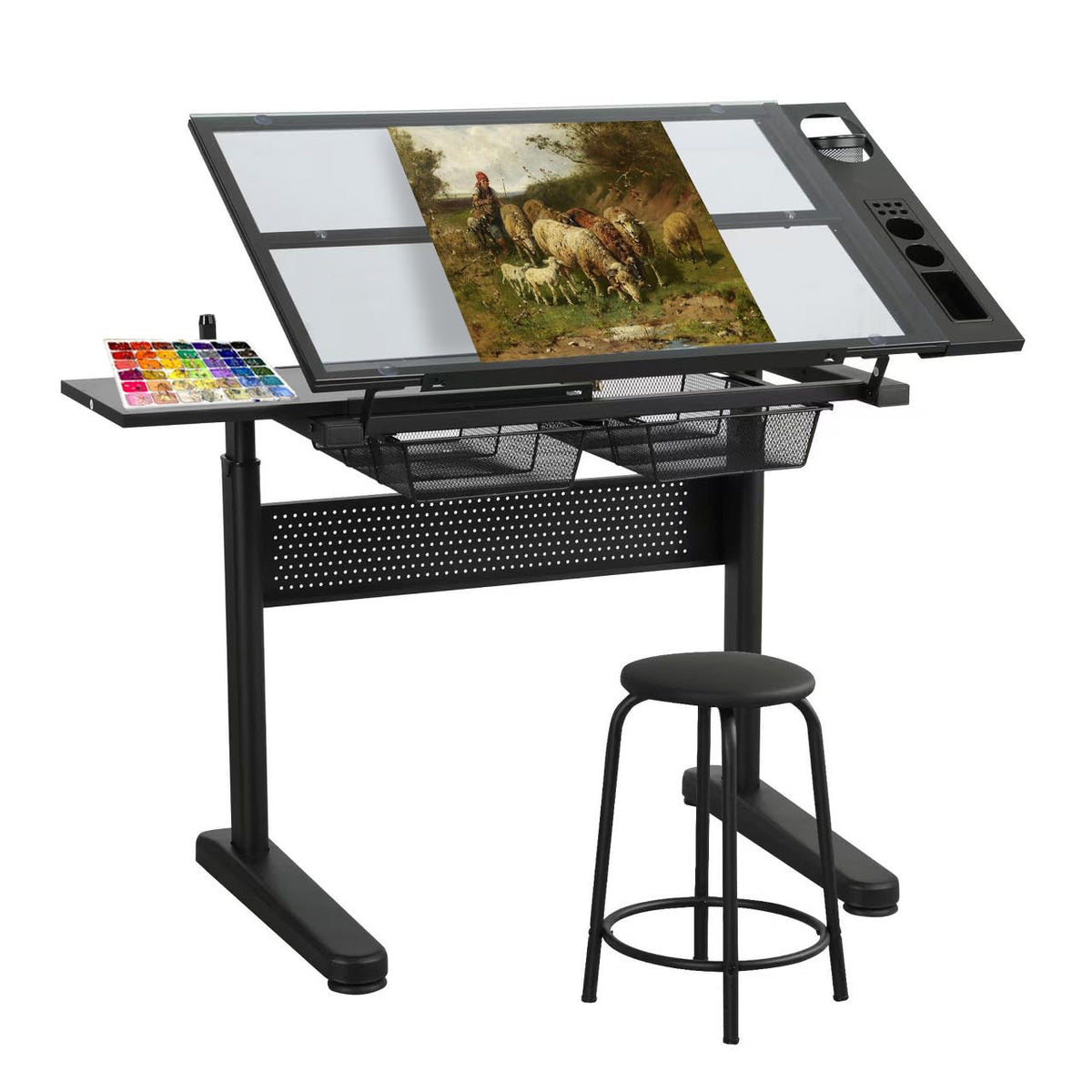 Glass Drafting Table Art Desk â Adjustable Professhional Artwork Drawing Drafting Table Desk, Glass-Topped Art Table for Craft Station Studio Home Office School w/Drawers (Black)