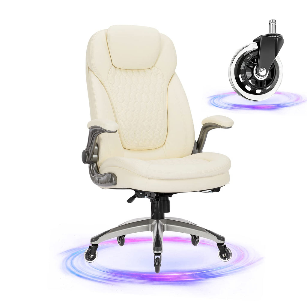 COLAMY High Back Executive Office Chairs, Ergonomic PU Leather Desk Chairs with Flip-Up Armrests, Adjustable Height, Lumbar Support, Comfortable Computer Chairs for Home Office, Set of 2