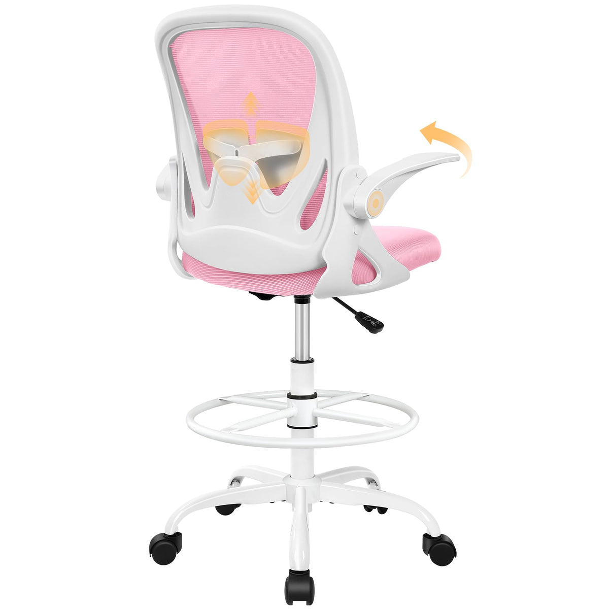 Drafting Chair Tall Office Chair with Flip-up Armrests, Adjustable Height, and Enhanced Lumbar Support - Ergonomic Rolling Stool, Back Support, and Adjustable Foot Rest Ring for Standing Desk White