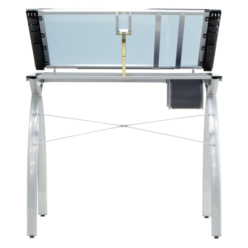 SD Studio Designs 10096 Futura Station with Folding Shelf Top Adjustable Drafting Craft Drawing Hobby Table Writing Studio Desk with Drawer, 35.5'' W x 23.75'' D, White/Clear Glass