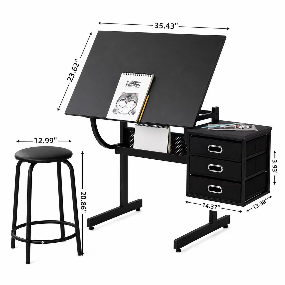 Adjustable Drawing Table with 3 Drawers & Stool, for Art & Work