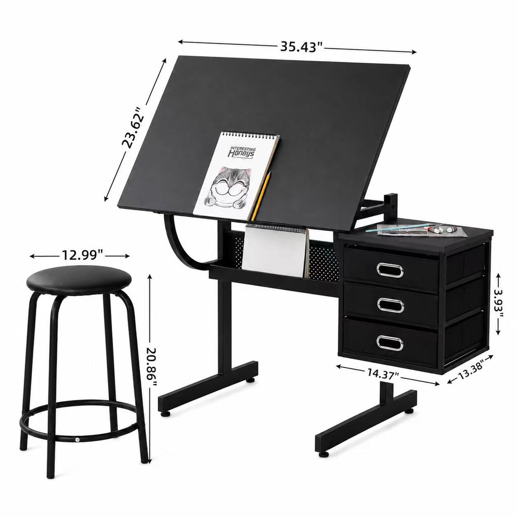 White Drafting Table with Stool, Height Adjustable Art Craft Desk with Tilting Tempered Glass Tabletop, Expansion Board, Multi-Storage, Drawing Table for Studio, Artists, Home Office, Painters, White