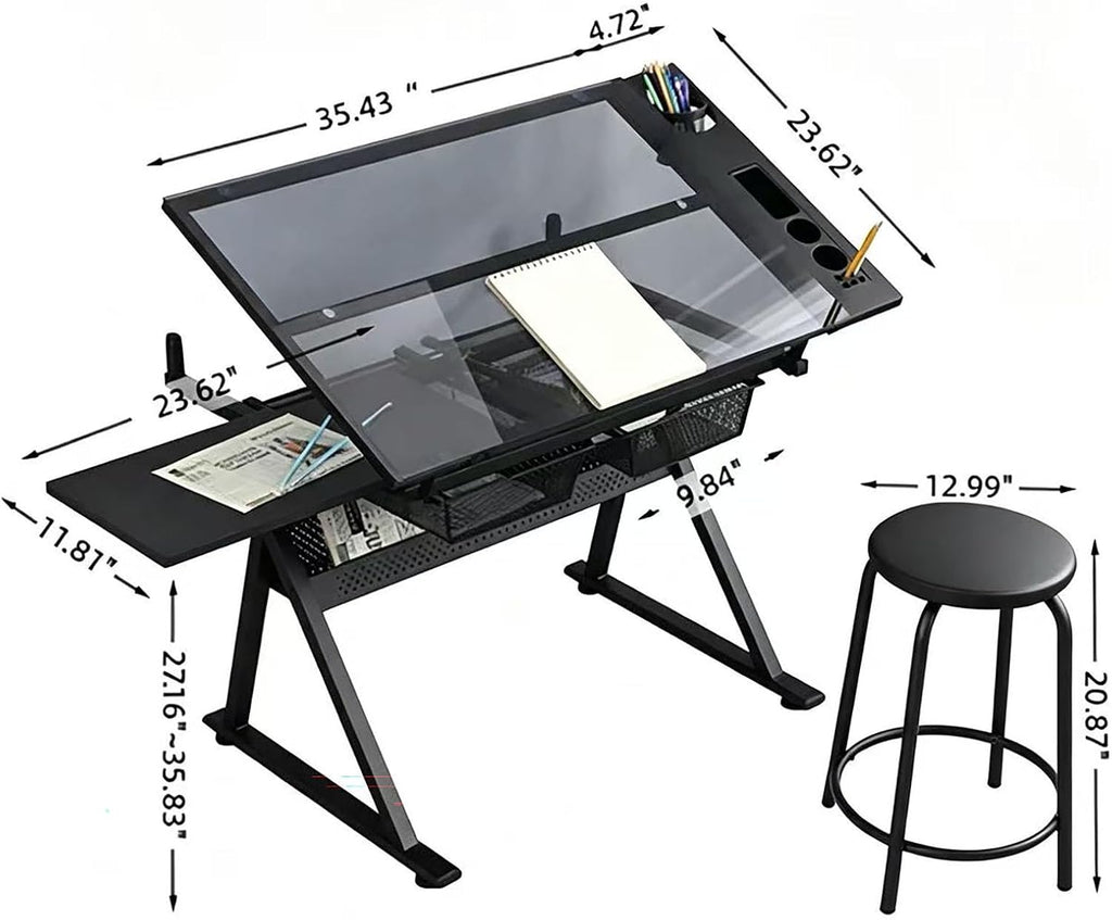 Adjustable Drafting Table with Chair, Tilting Tempered Glass Desk