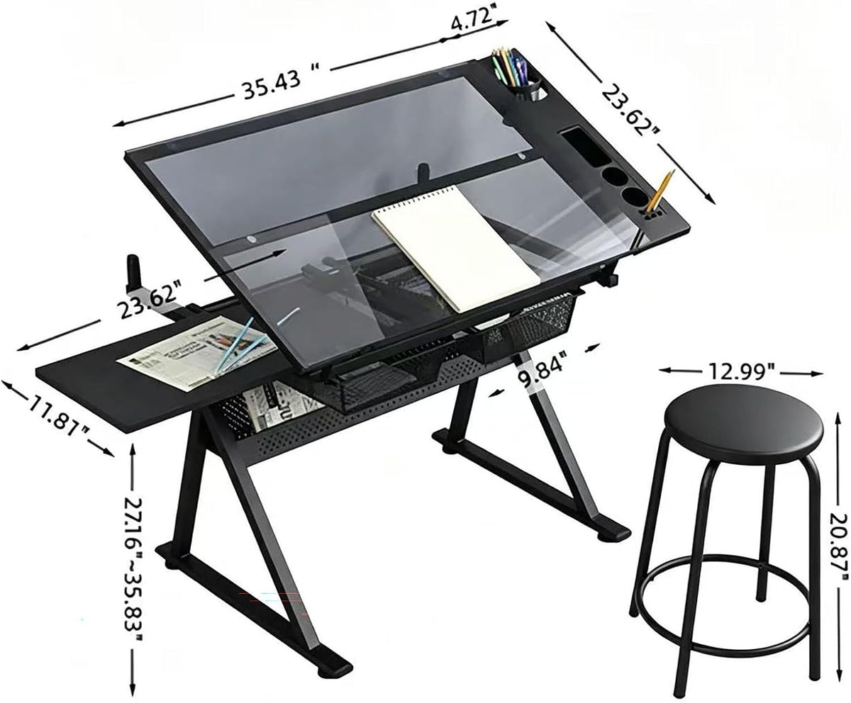 Adjustable Drafting Table with Chair, Tilting Tempered Glass Desk