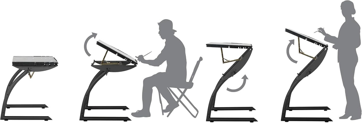 SD Studio Designs Triflex Drawing Table, Sit to Stand Up Adjustable Office Home Computer Desk, 35.25" W X 23.5" D, Charcoal Black/Clear Glass