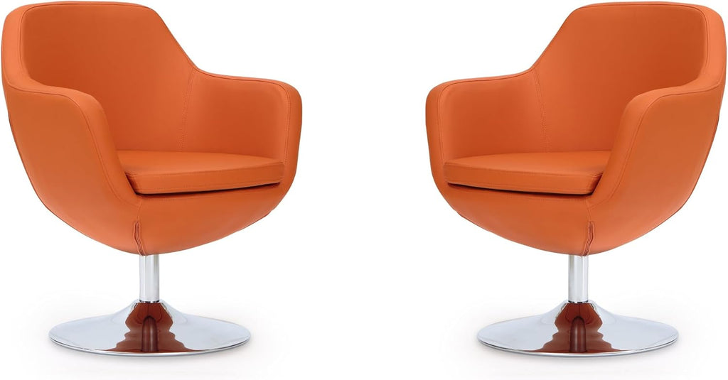 Manhattan Comfort Caisson Swivel Accent Chair Set of 2 with 360Â° Turn, Hand Upholstered Faux Leather & Polished Chrome, Removable Cushion, Modern Design for Office & Living Room, Orange Faux