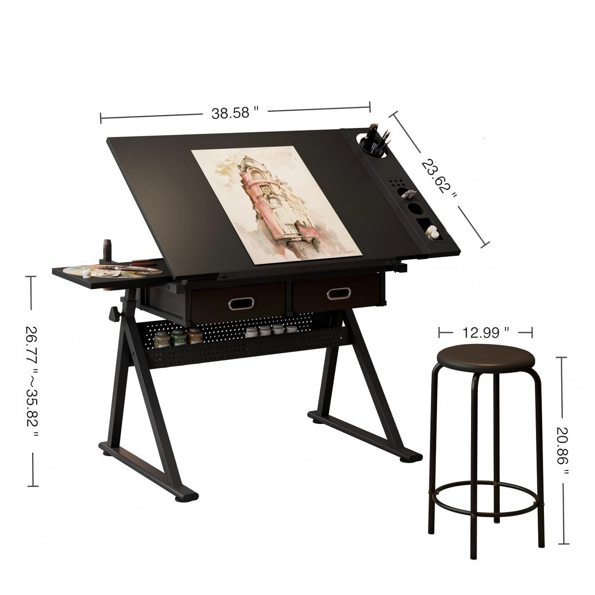 Adjustable Drawing Table with 3 Drawers & Stool, for Art & Work