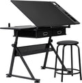 LEMY Drafting Table Art Desk, Height Adjustable Drawing Table Tilting Tabletop Work Station with Stool and Storage Drawer for Home, Office, Writing, Black