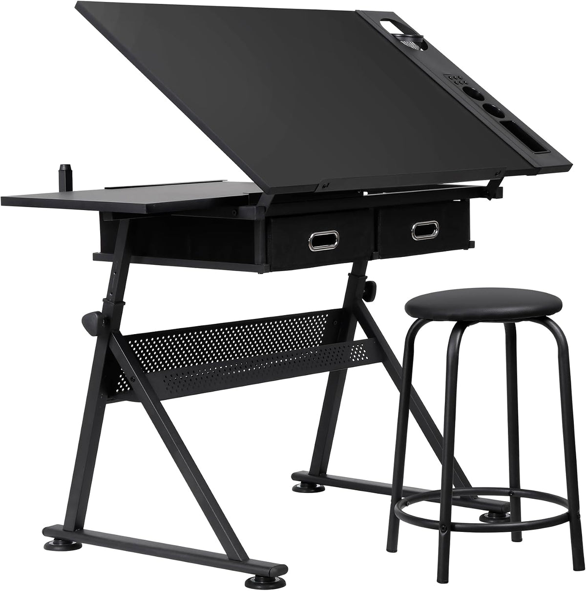 LEMY Drafting Table Art Desk, Height Adjustable Drawing Table Tilting Tabletop Work Station with Stool and Storage Drawer for Home, Office, Writing, Black