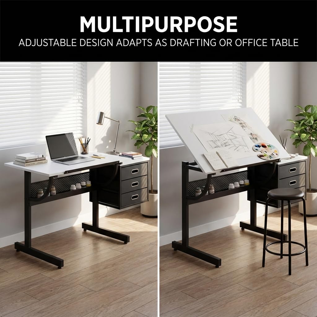 Adjustable Art Desk with Storage, 0-75Â° Tilting Drafting Table, 3 Drawers, Free Stool - Ideal for Diamond Painting, Architecture, Animation Projects (White)