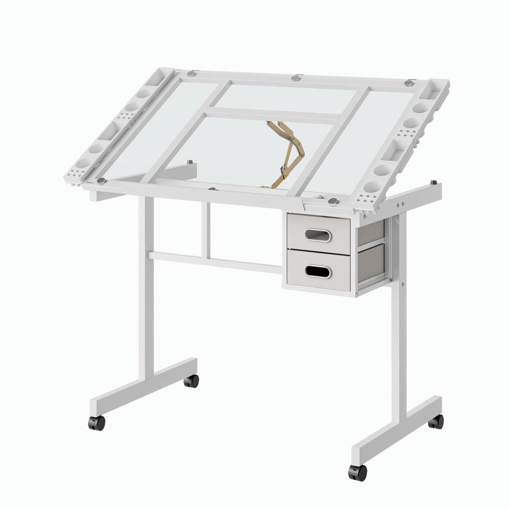 Adjustable Drafting Table with Stool, 0-75Â° Tilting Art Desk, White