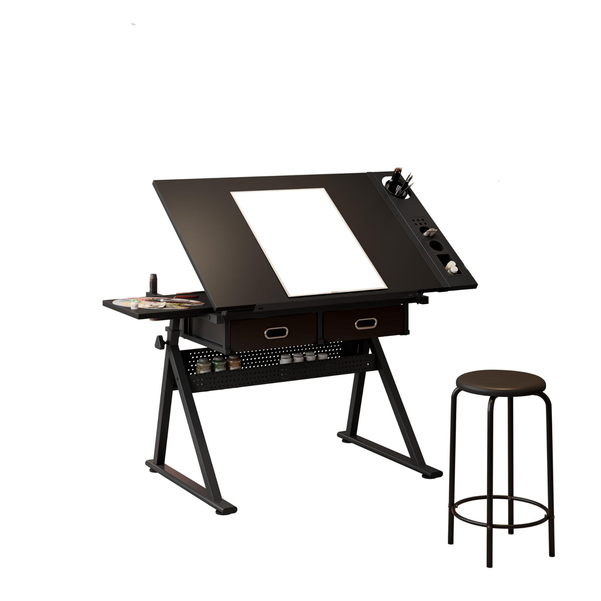 Adjustable Drafting Table with Stool, 0-75Â° Tilting Art Desk, White