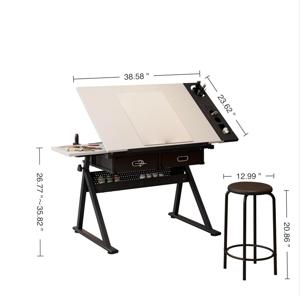 Adjustable Drafting Table with Stool, 0-75Â° Tilting Art Desk, White