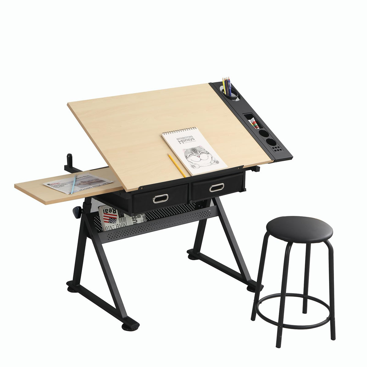 Drafting Table and Stool Set for Adults/Artists, Drawing Table with Adjustable Tabletop and Height, Art Workstation for Painters Crafting Reading Writing Home Office, All White